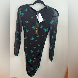 ONLY Black Long Sleeve Dress with Green Butterfly Design
